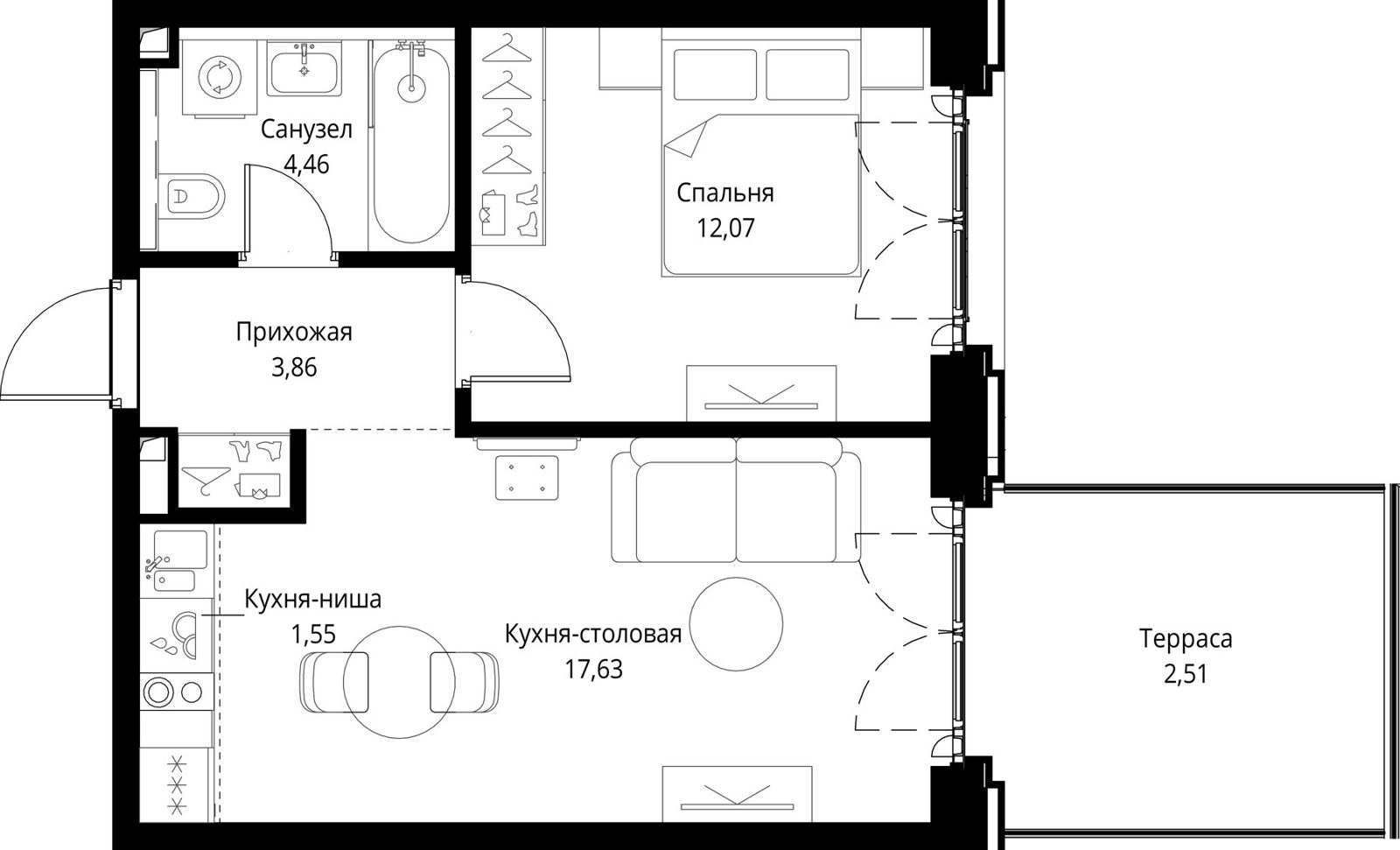 1-комнатная квартира, 42,1 м²