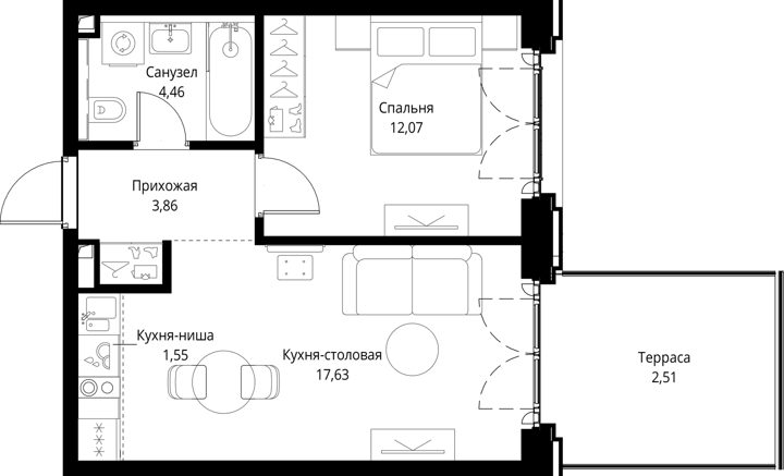 1-комнатная квартира, 42,1 м² — фото 1