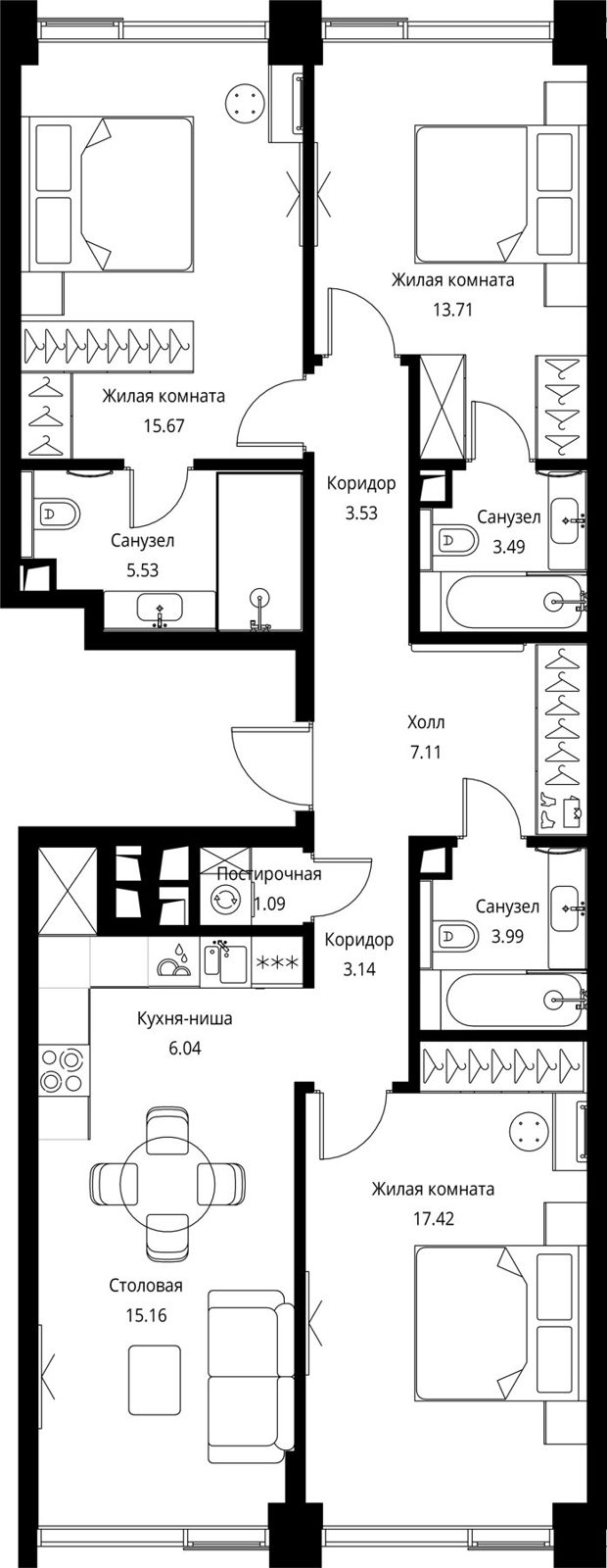 3-комнатная квартира, 95,9 м²