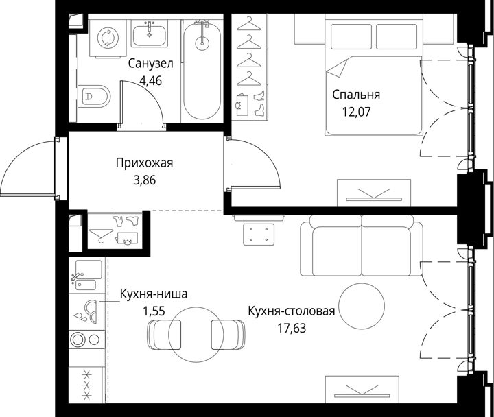 1-комнатная квартира, 39,6 м² — фото 1