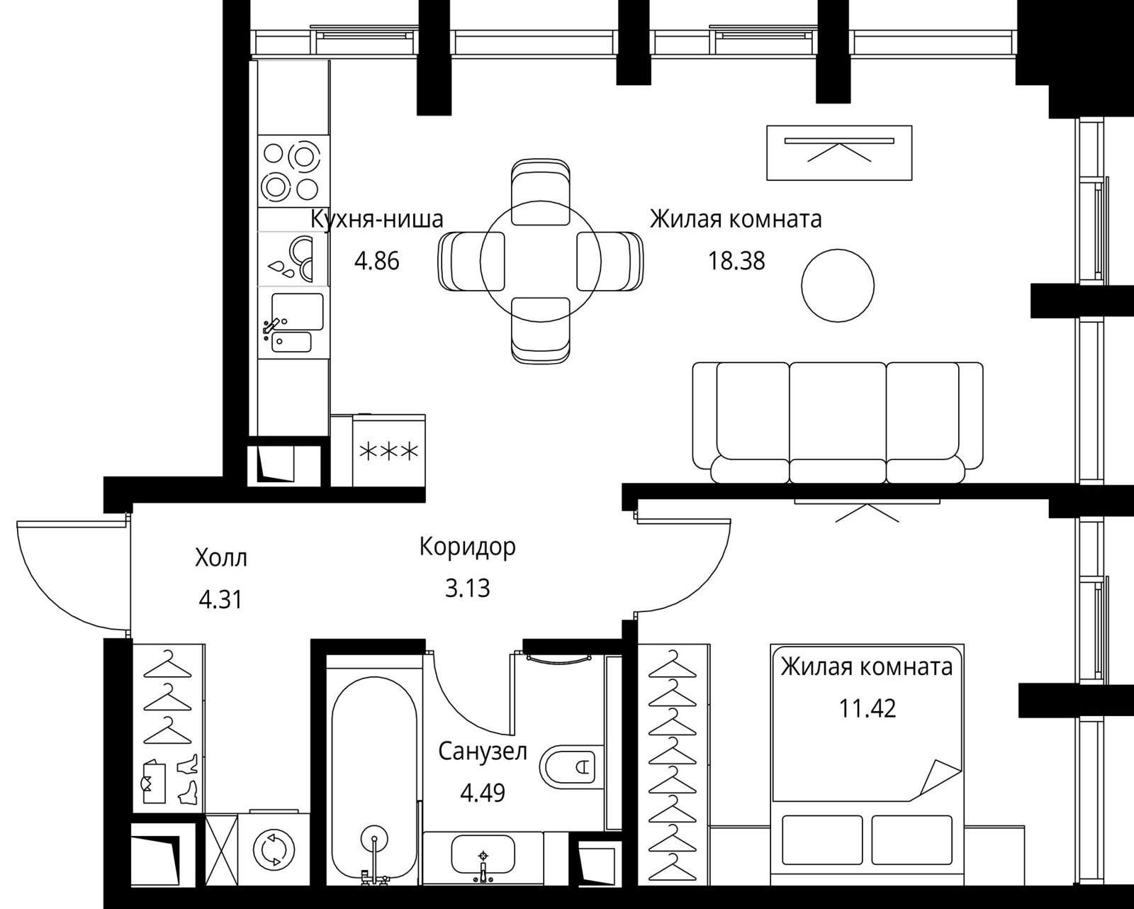 1-комнатная квартира, 46,6 м²