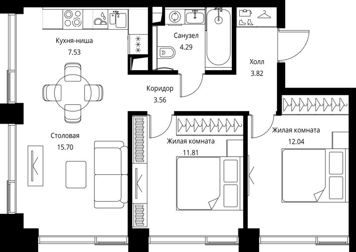 2-комнатная квартира, 58,8 м² — фото 1