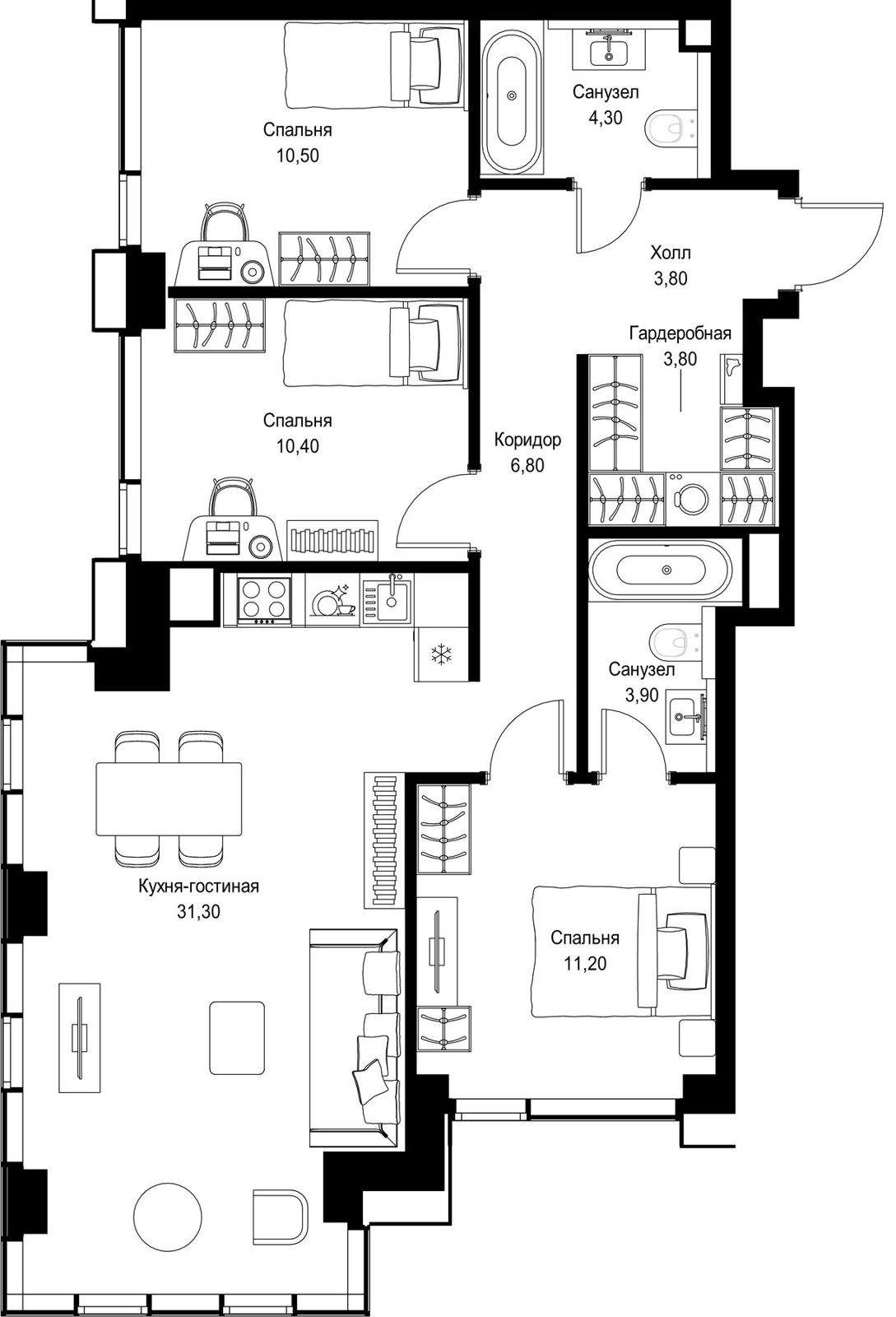3-комнатная квартира, 86 м²
