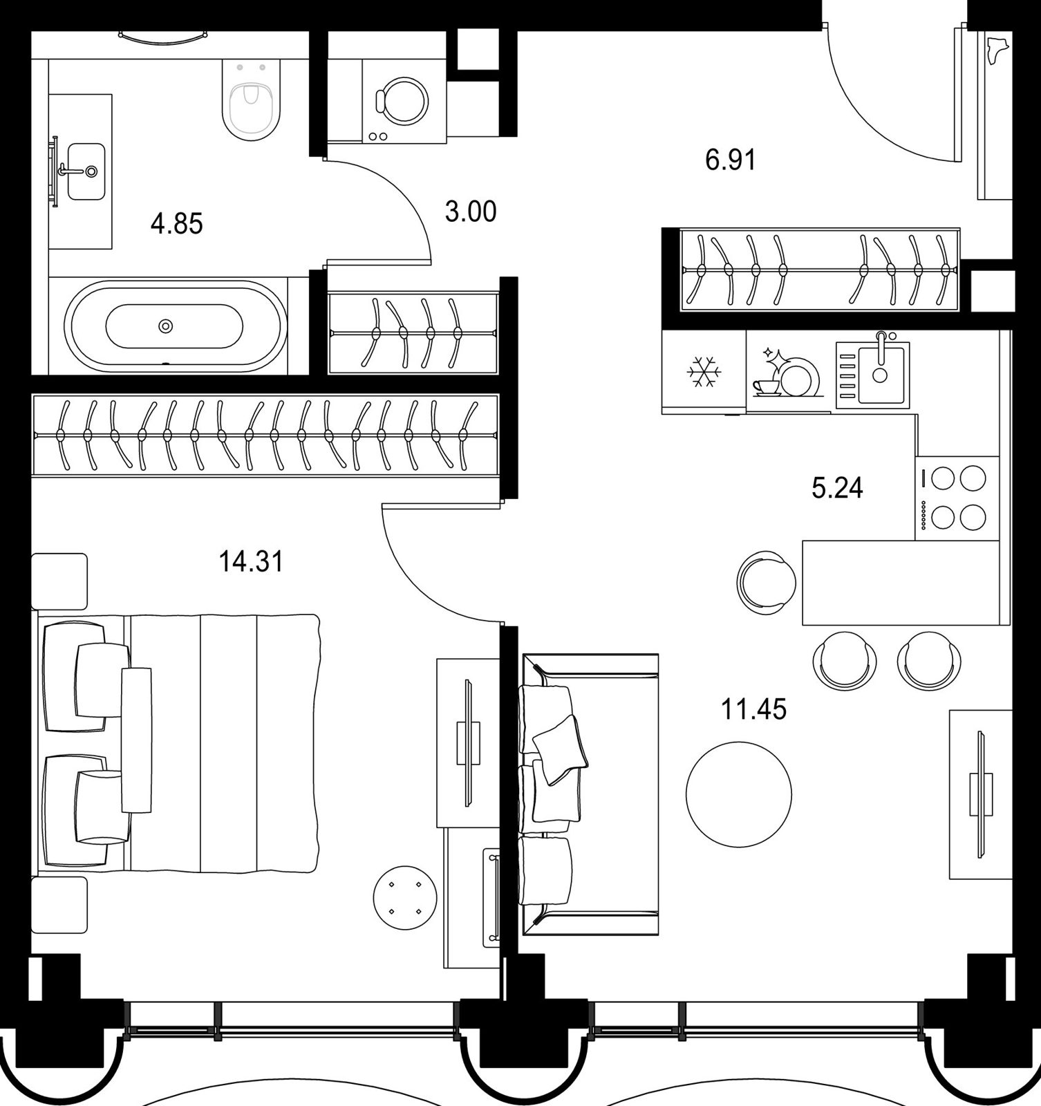 1-комнатная квартира, 45,8 м²