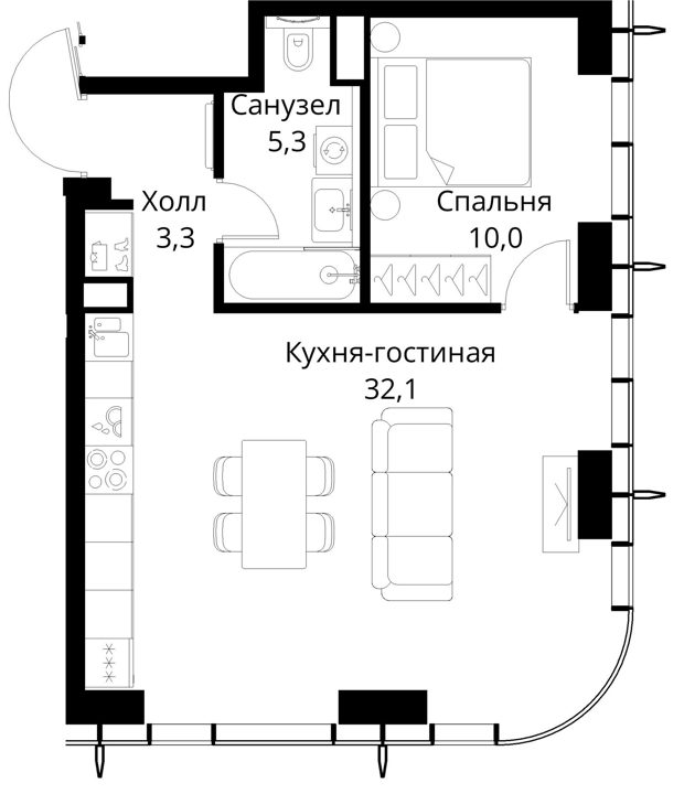 1-комнатная квартира, 50,7 м² — фото 1