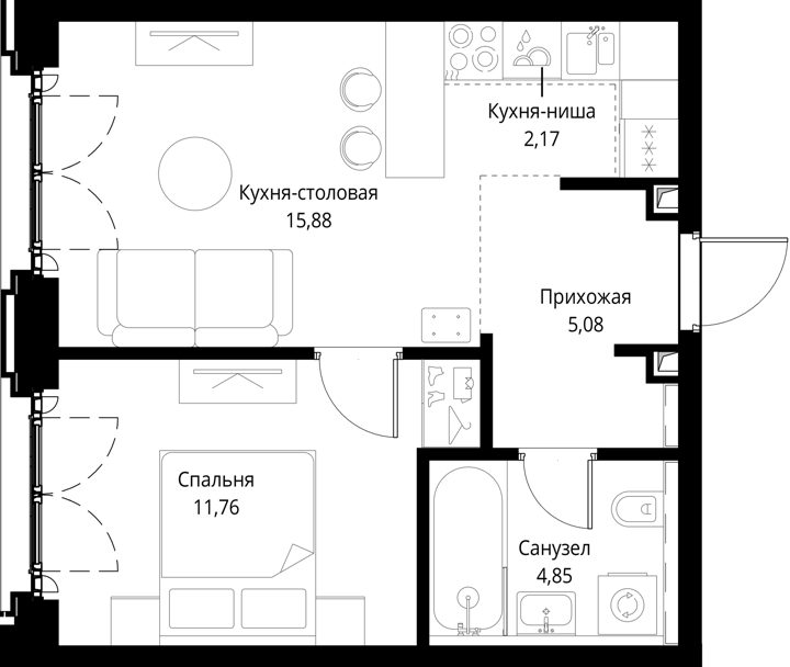 1-комнатная квартира, 39,8 м² — фото 1