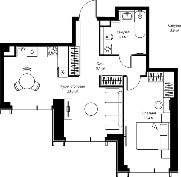 1-комнатная квартира, 53,9 м²