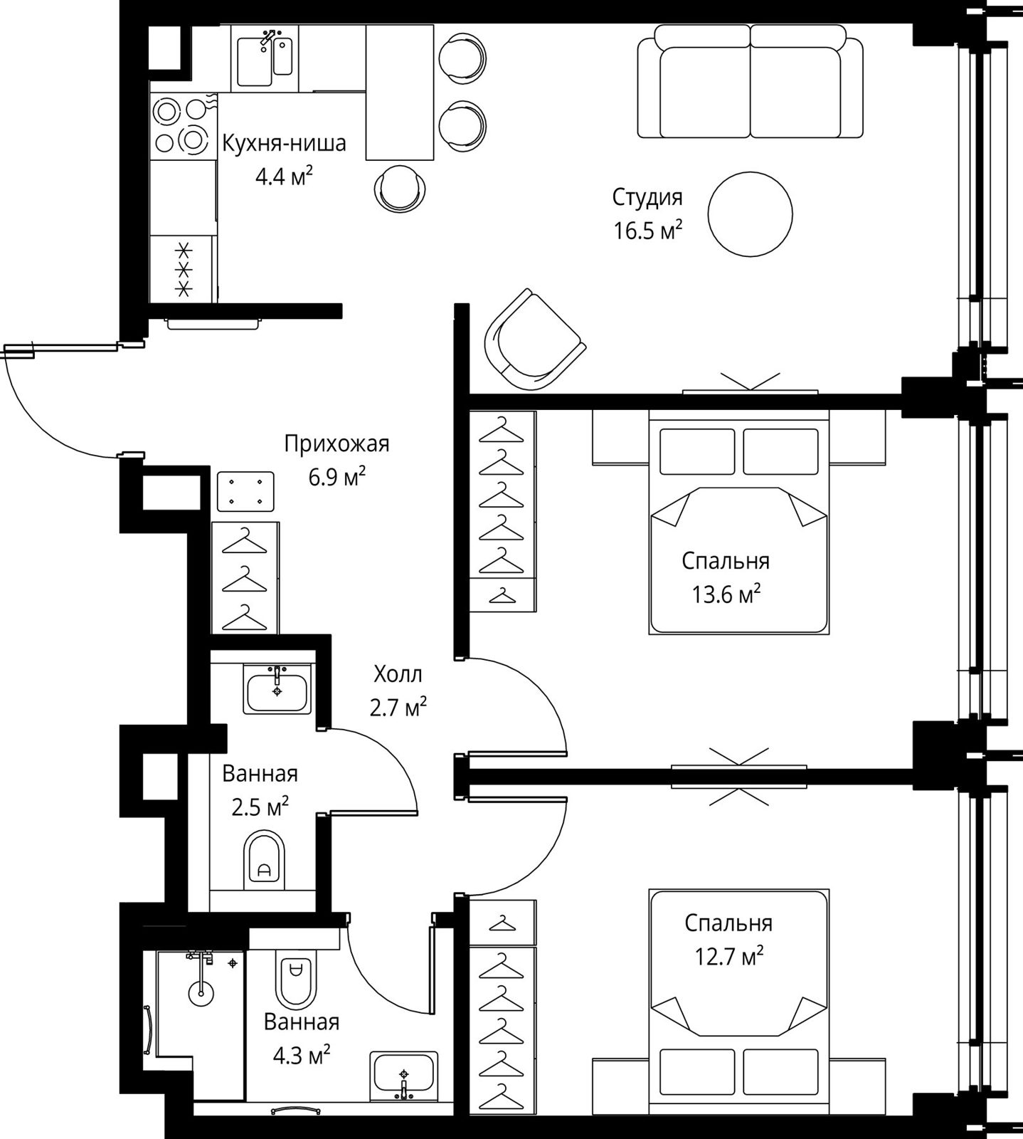 2-комнатная квартира, 63,6 м²