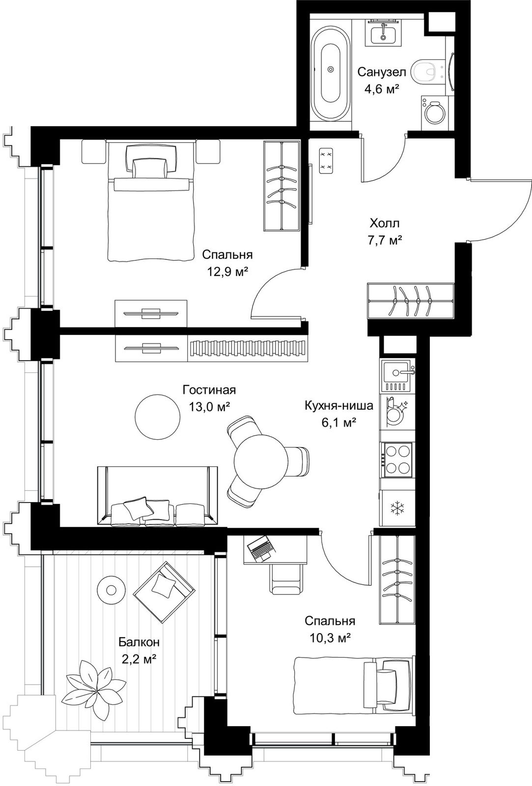 2-комнатная квартира, 56,8 м²