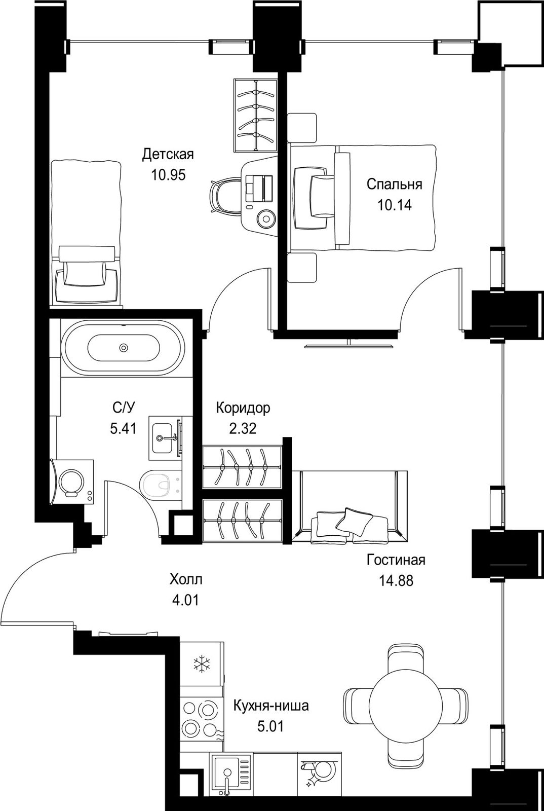 2-комнатная квартира, 52,7 м²