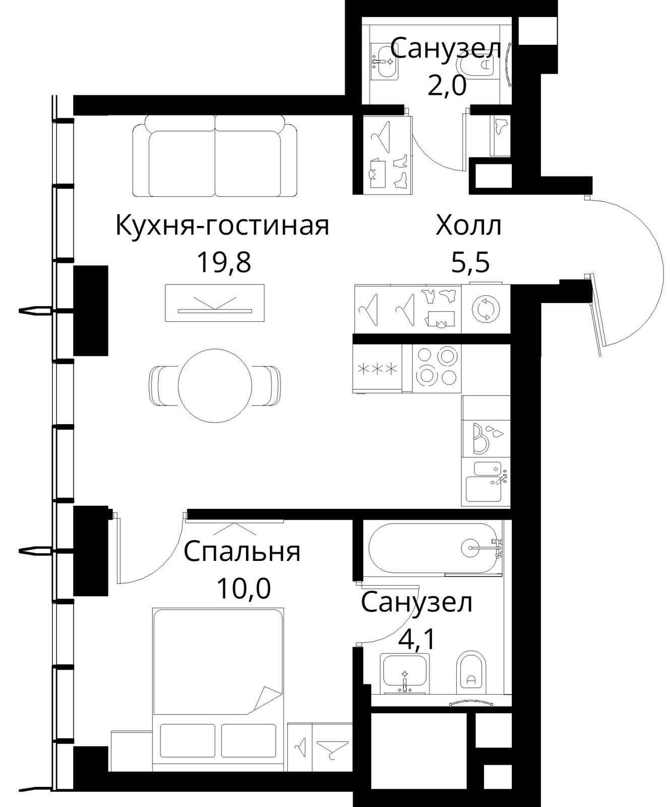 1-комнатная квартира, 41,4 м²