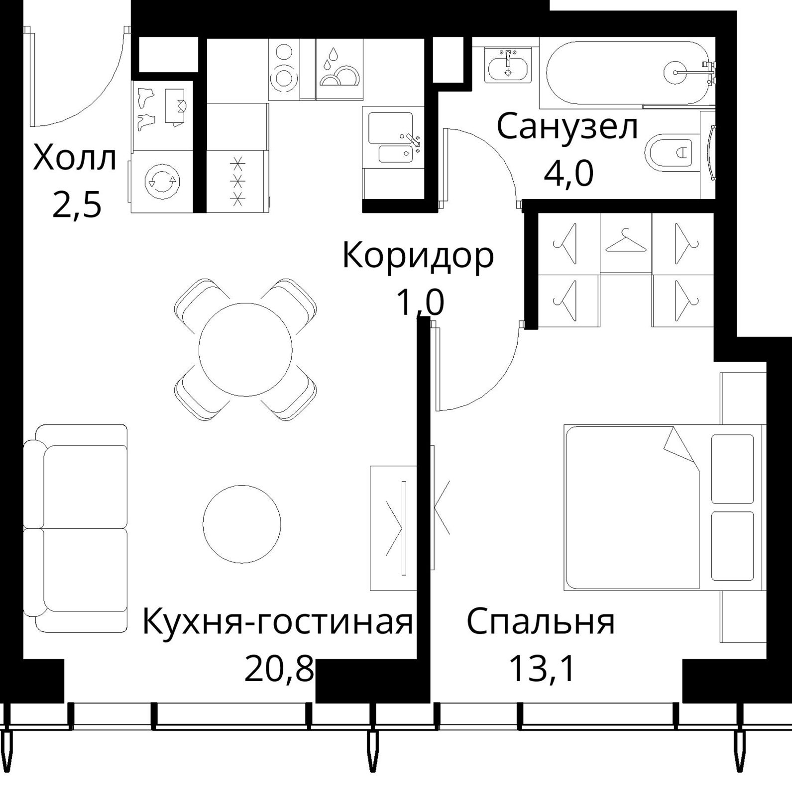 1-комнатная квартира, 41,4 м²