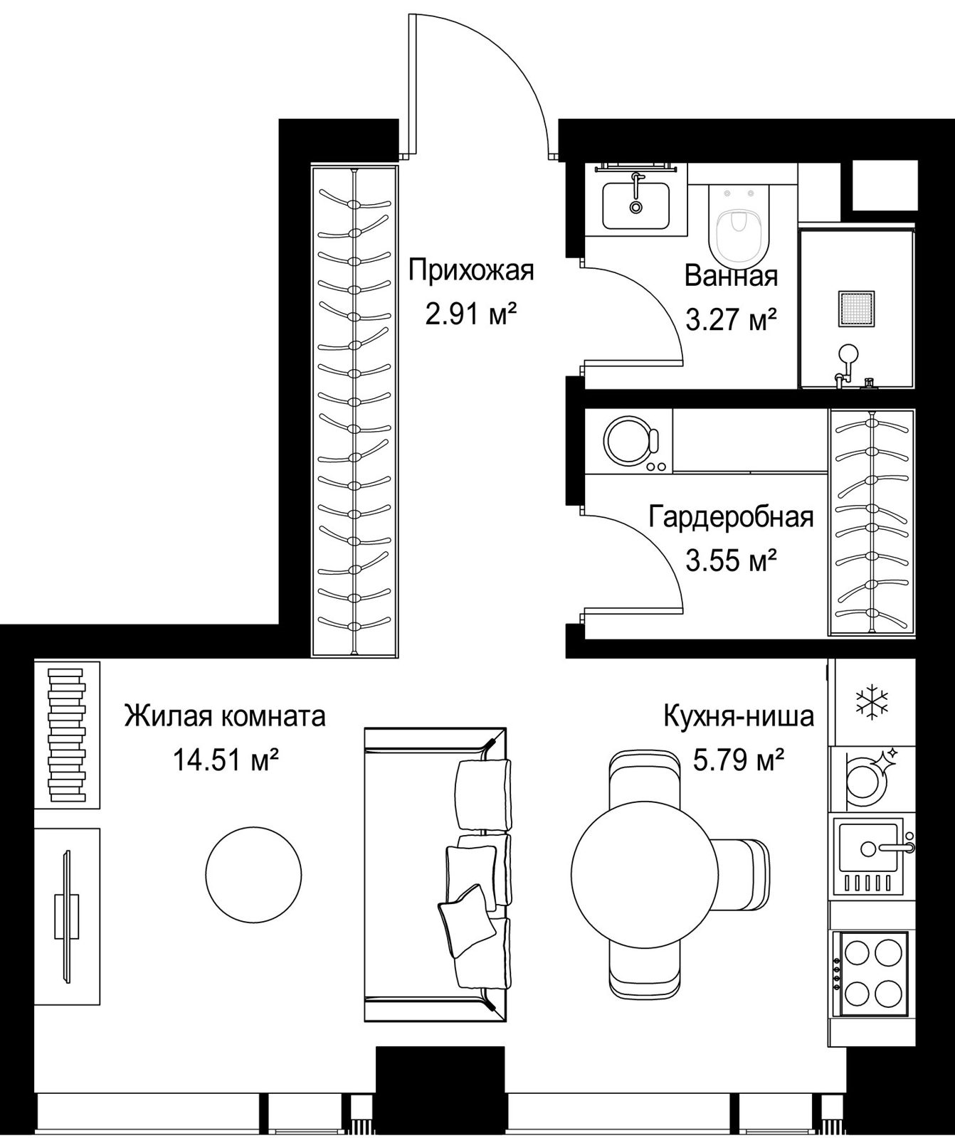 Квартира-студия, 30 м²
