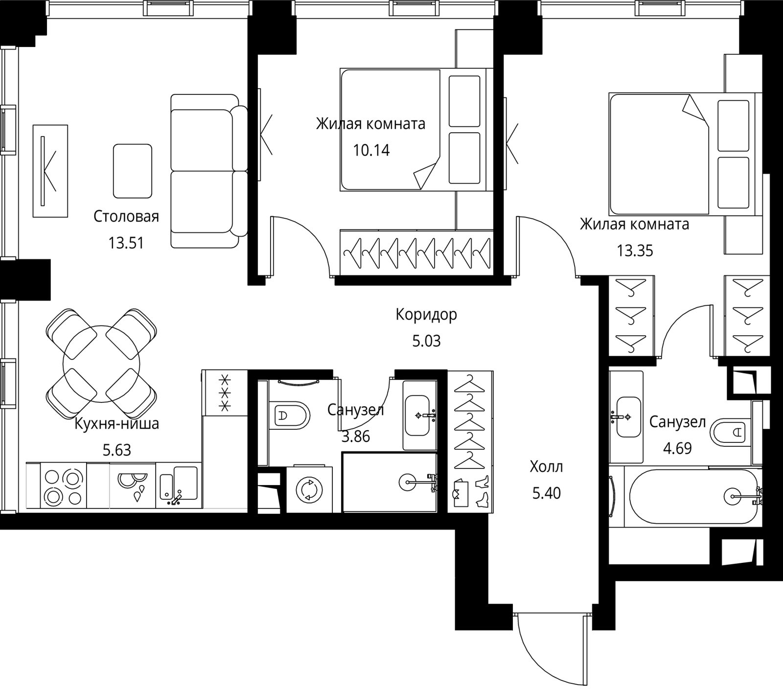 2-комнатная квартира, 61,6 м²