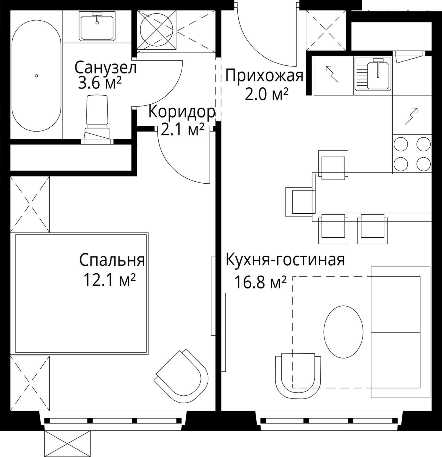 1-комнатная квартира, 36,6 м²
