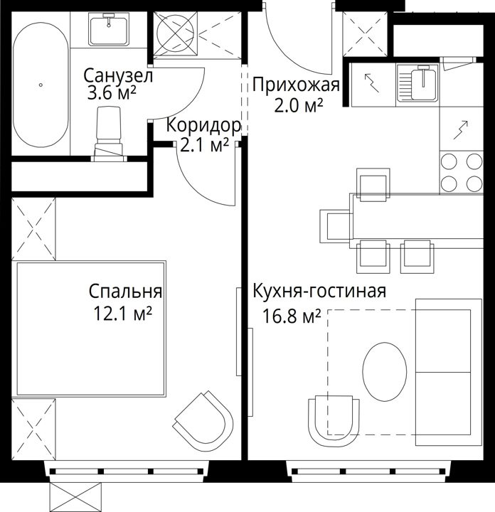 1-комнатная квартира, 36,6 м² — фото 1