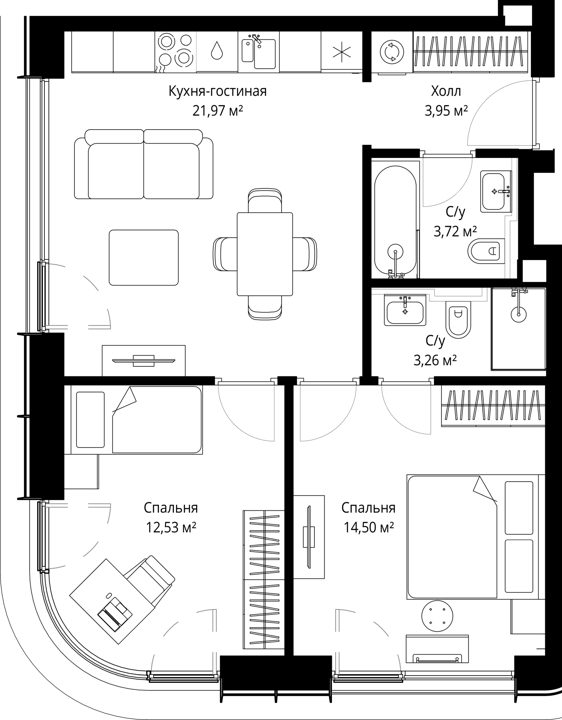 2-комнатная квартира, 59,9 м² — фото 1