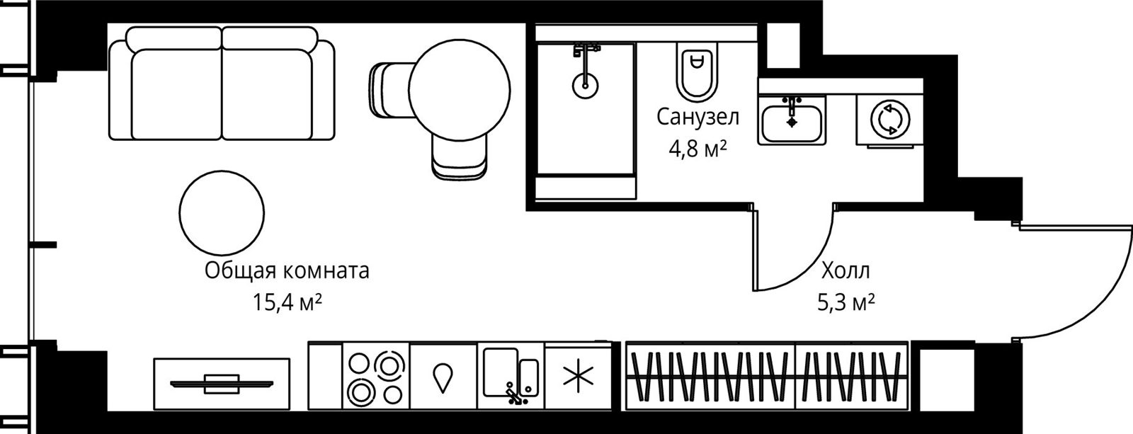 Квартира-студия, 25,5 м²