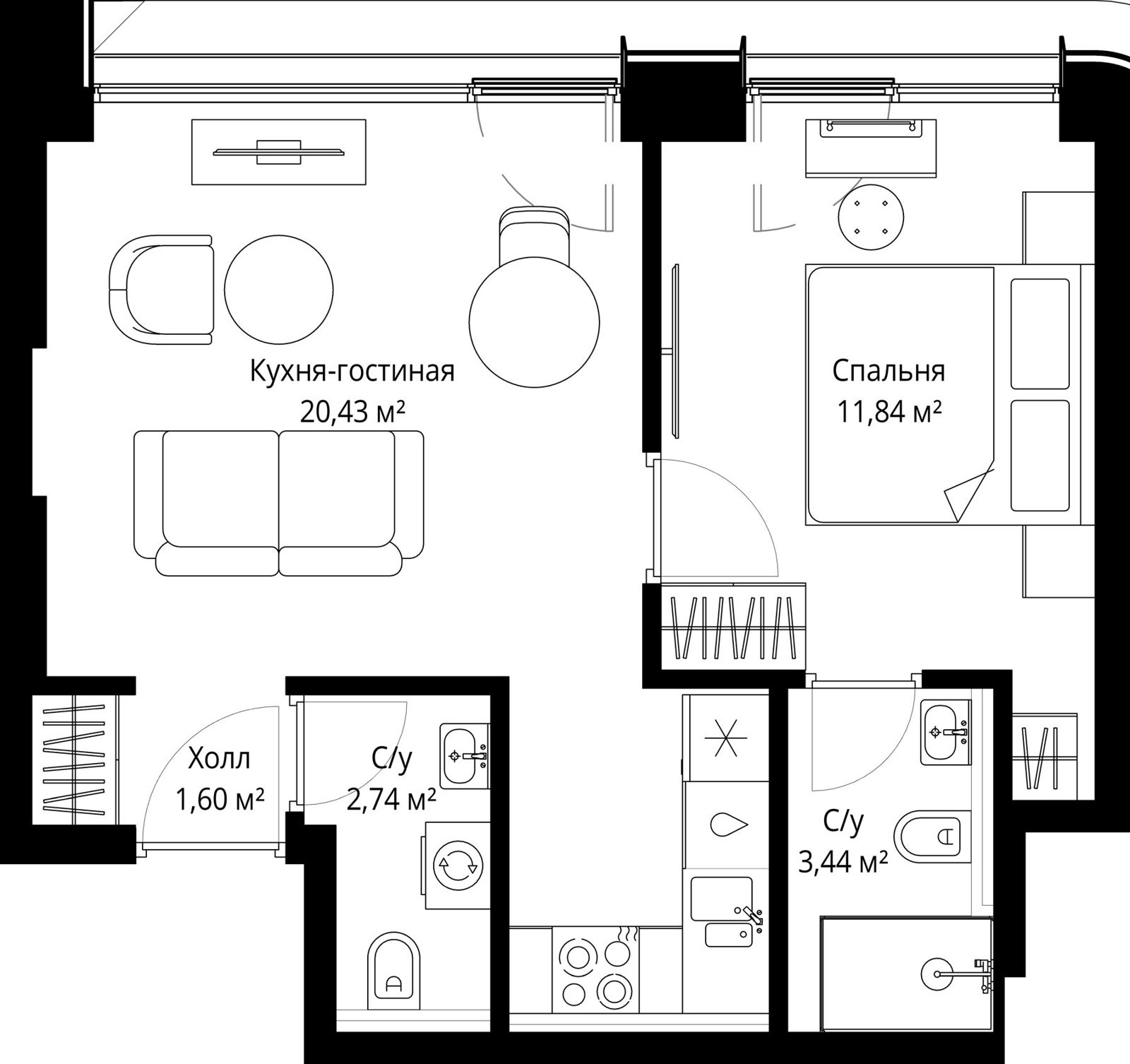 1-комнатная квартира, 39,3 м²