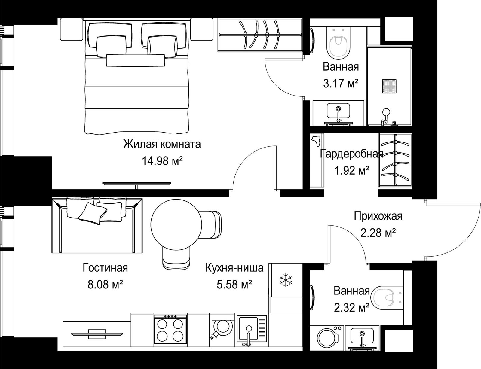 1-комнатная квартира, 38,3 м²