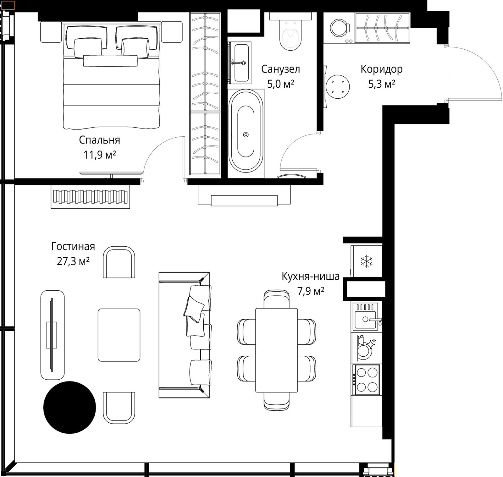 1-комнатная квартира, 57,4 м²
