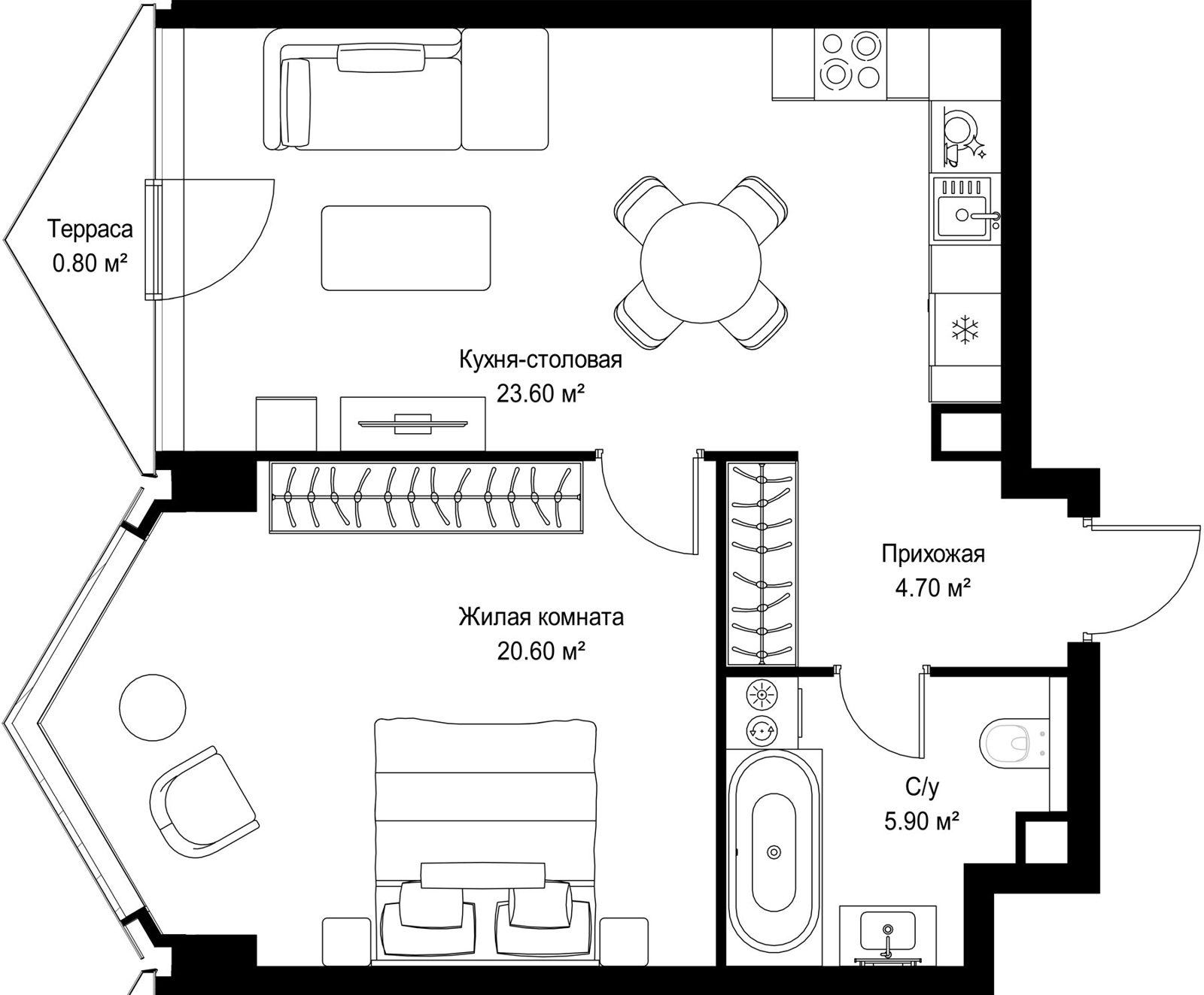 1-комнатная квартира, 55,6 м²