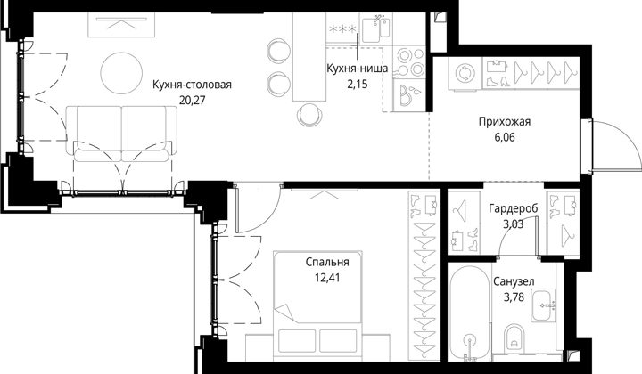 1-комнатная квартира, 47,7 м² — фото 1