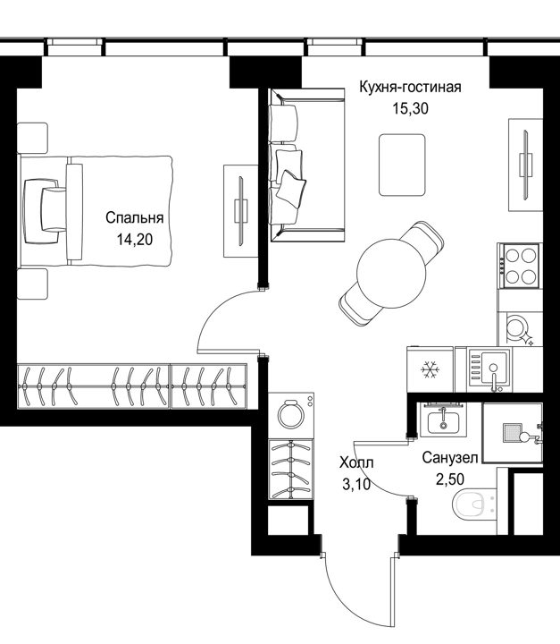 1-комнатная квартира, 35,1 м² — фото 1