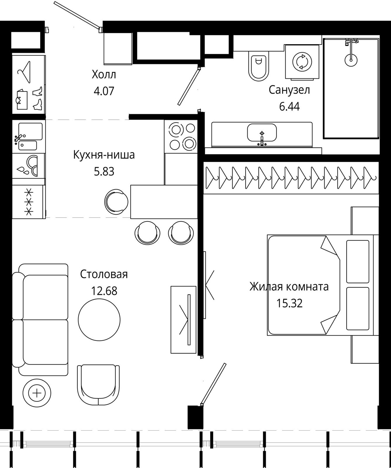 1-комнатная квартира, 44,1 м²
