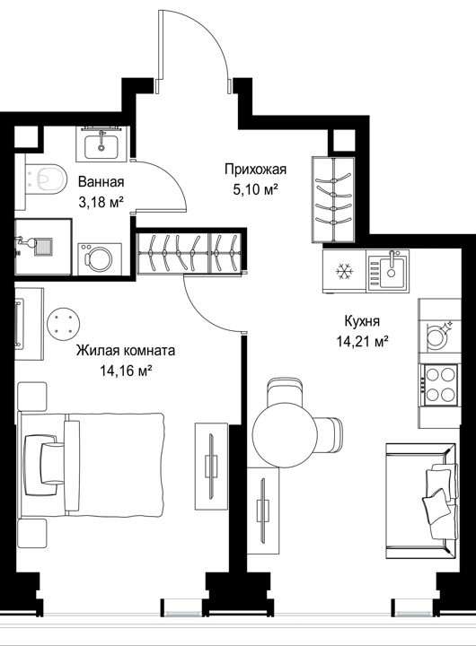 1-комнатная квартира, 36,6 м² — фото 1
