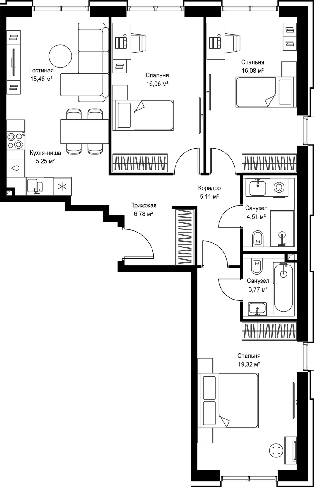 3-комнатная квартира, 92,3 м²