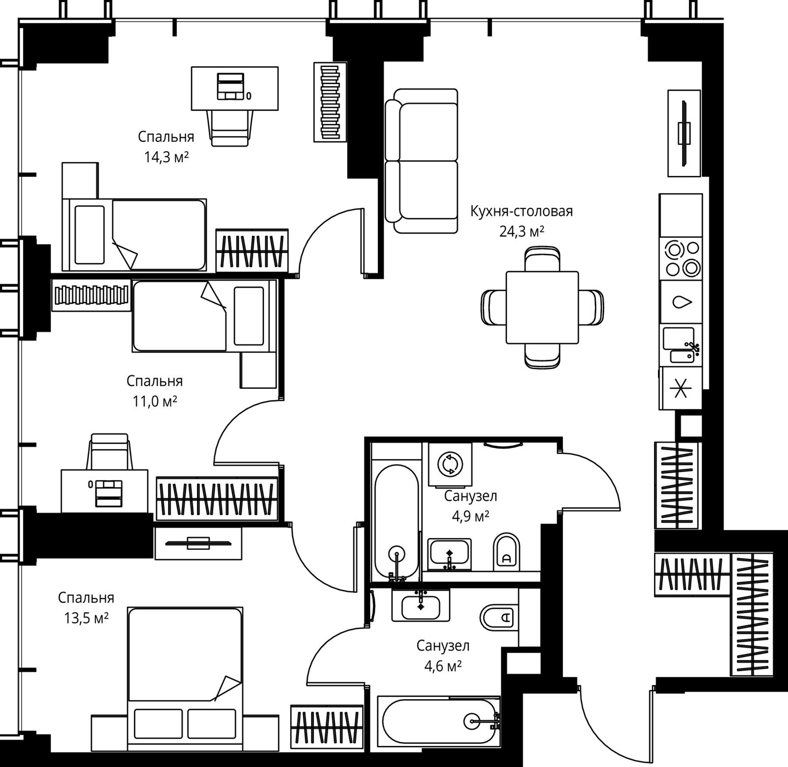 3-комнатная квартира, 84,9 м²