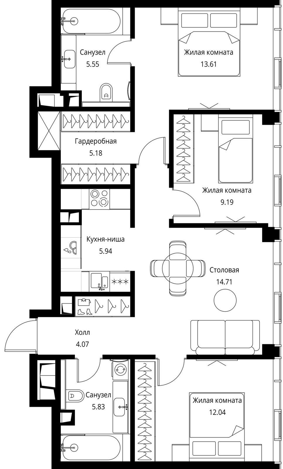 3-комнатная квартира, 77,8 м²