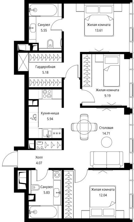 3-комнатная квартира, 77,8 м² — фото 1