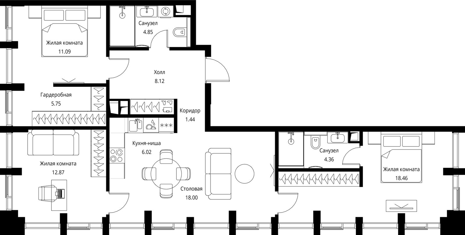 3-комнатная квартира, 91 м²