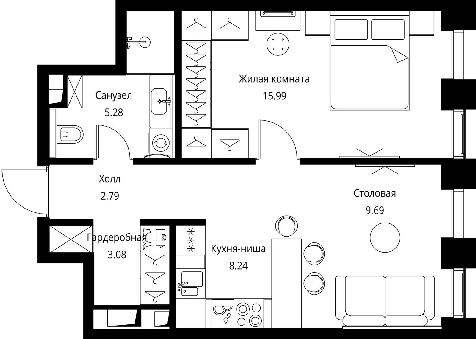 1-комнатная квартира, 45,1 м²