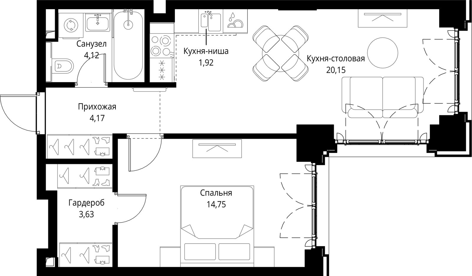 1-комнатная квартира, 48,7 м²