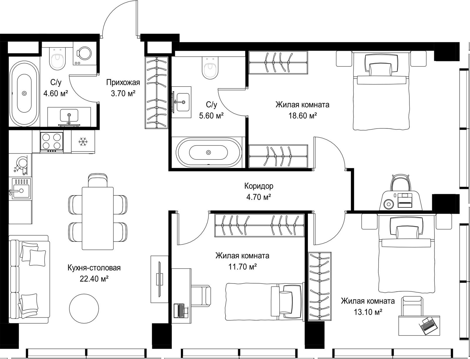 3-комнатная квартира, 84,4 м²