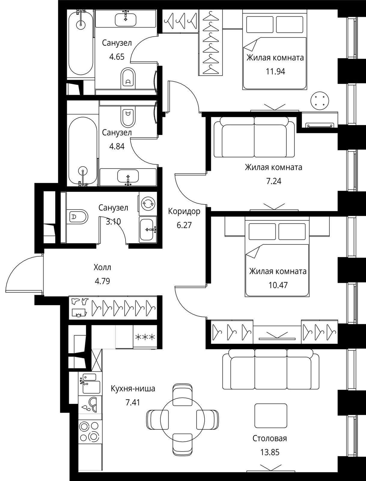 3-комнатная квартира, 74,6 м²