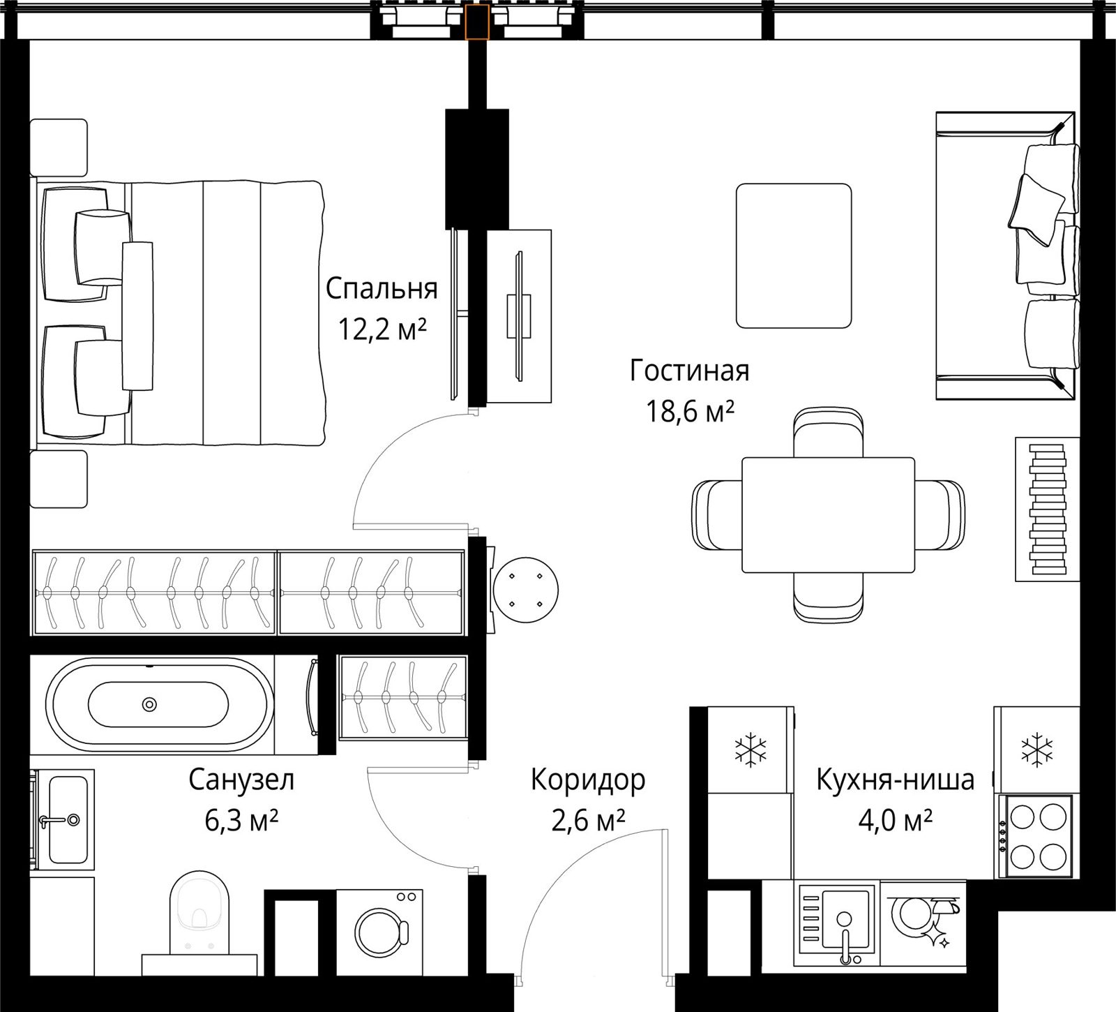 1-комнатная квартира, 43,7 м²