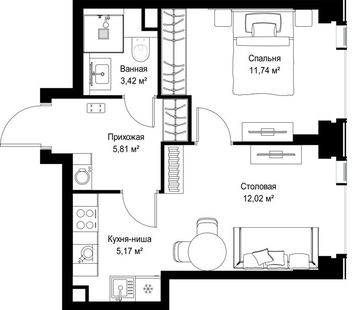 1-комнатная квартира, 38,2 м² — фото 2