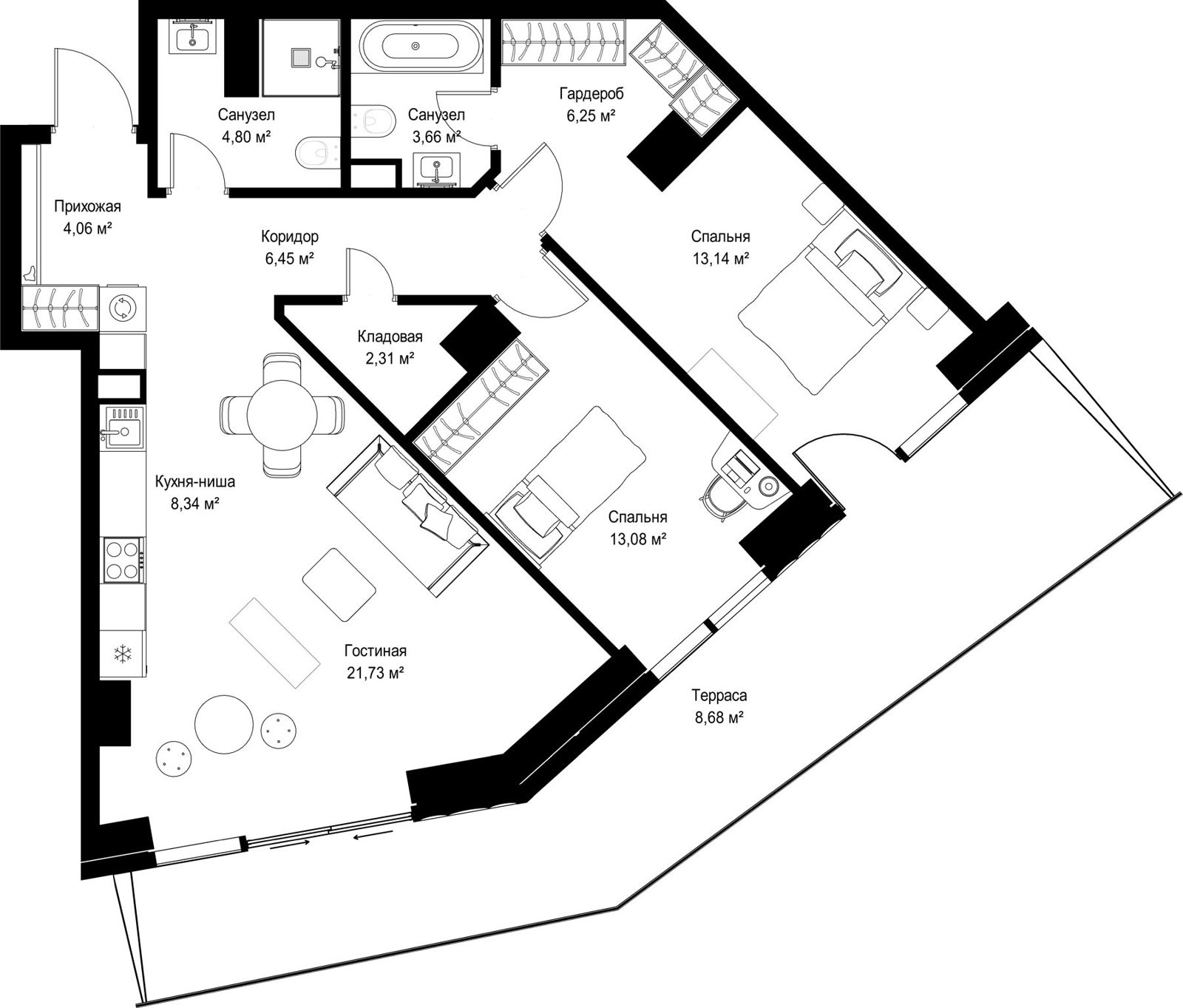 2-комнатная квартира, 92,5 м²