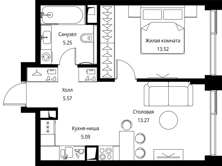1-комнатная квартира, 42,7 м² — фото 1