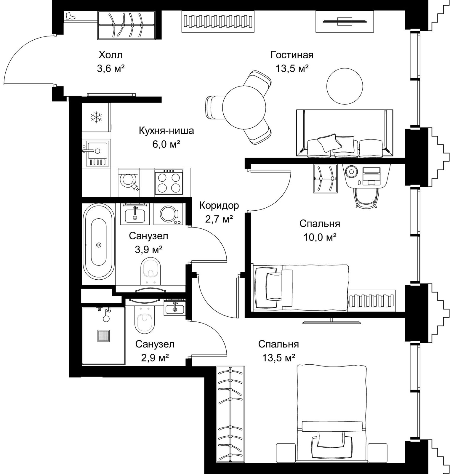 2-комнатная квартира, 56,1 м²