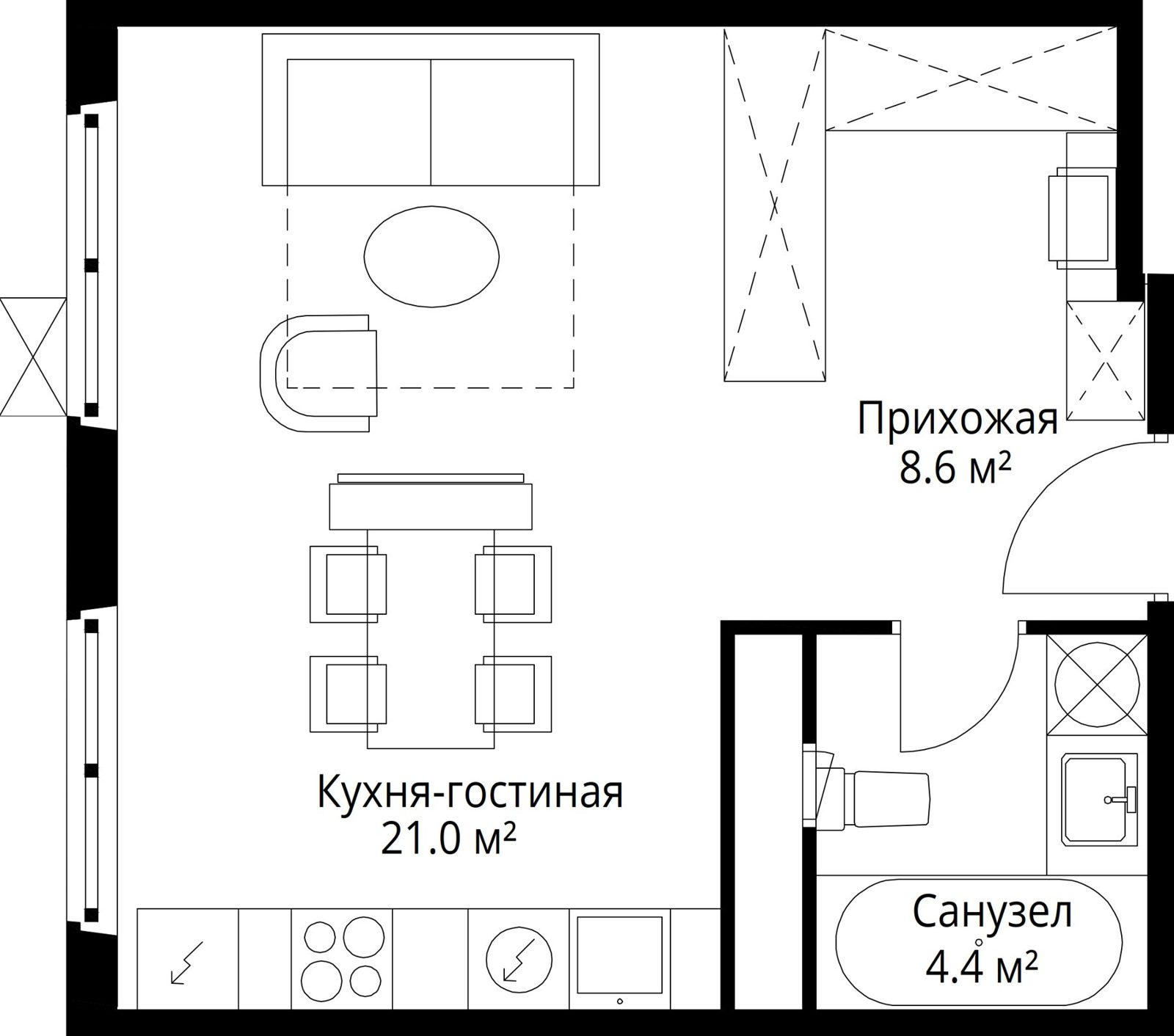 Квартира-студия, 34 м²