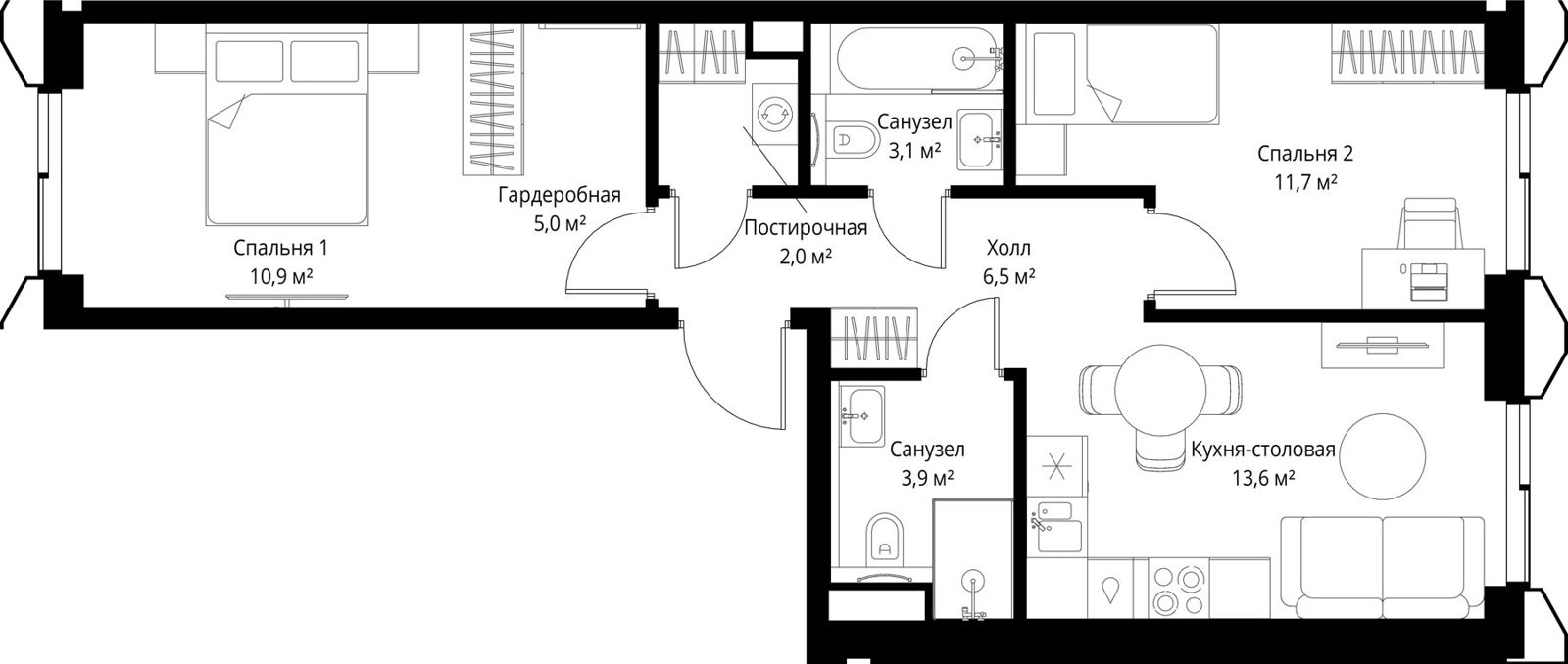 2-комнатная квартира, 58,5 м²