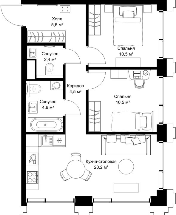 2-комнатная квартира, 58,3 м²