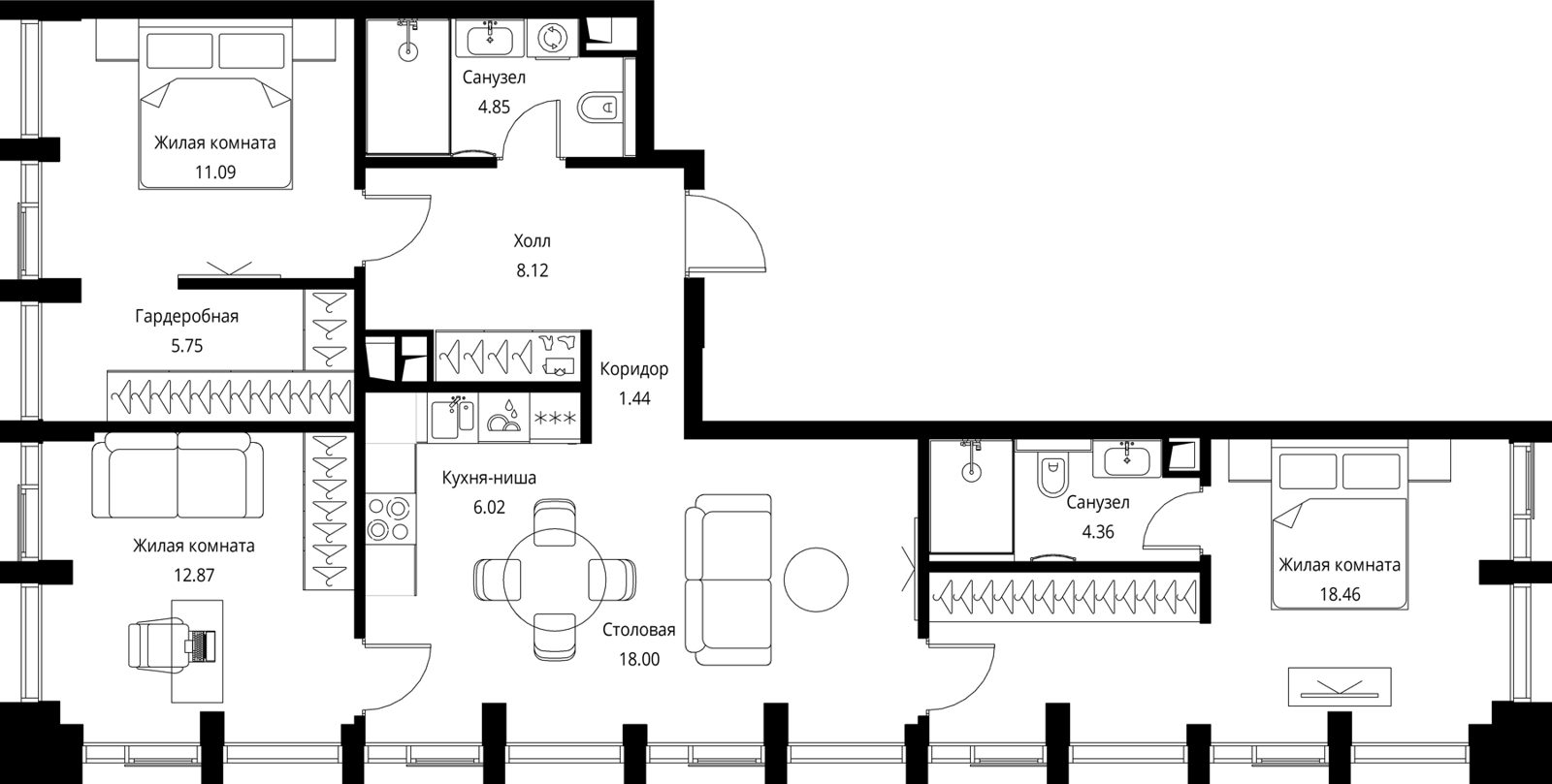 3-комнатная квартира, 91 м²