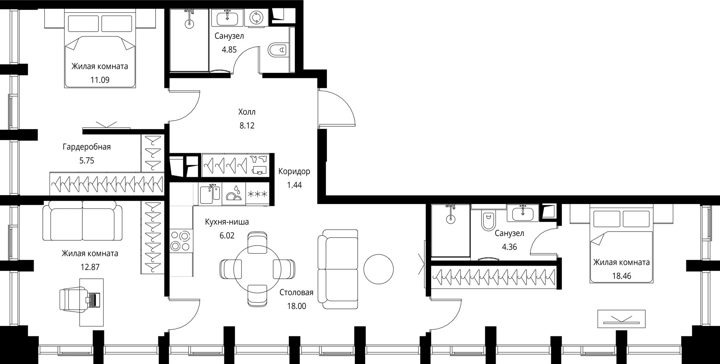 3-комнатная квартира, 91 м² — фото 1