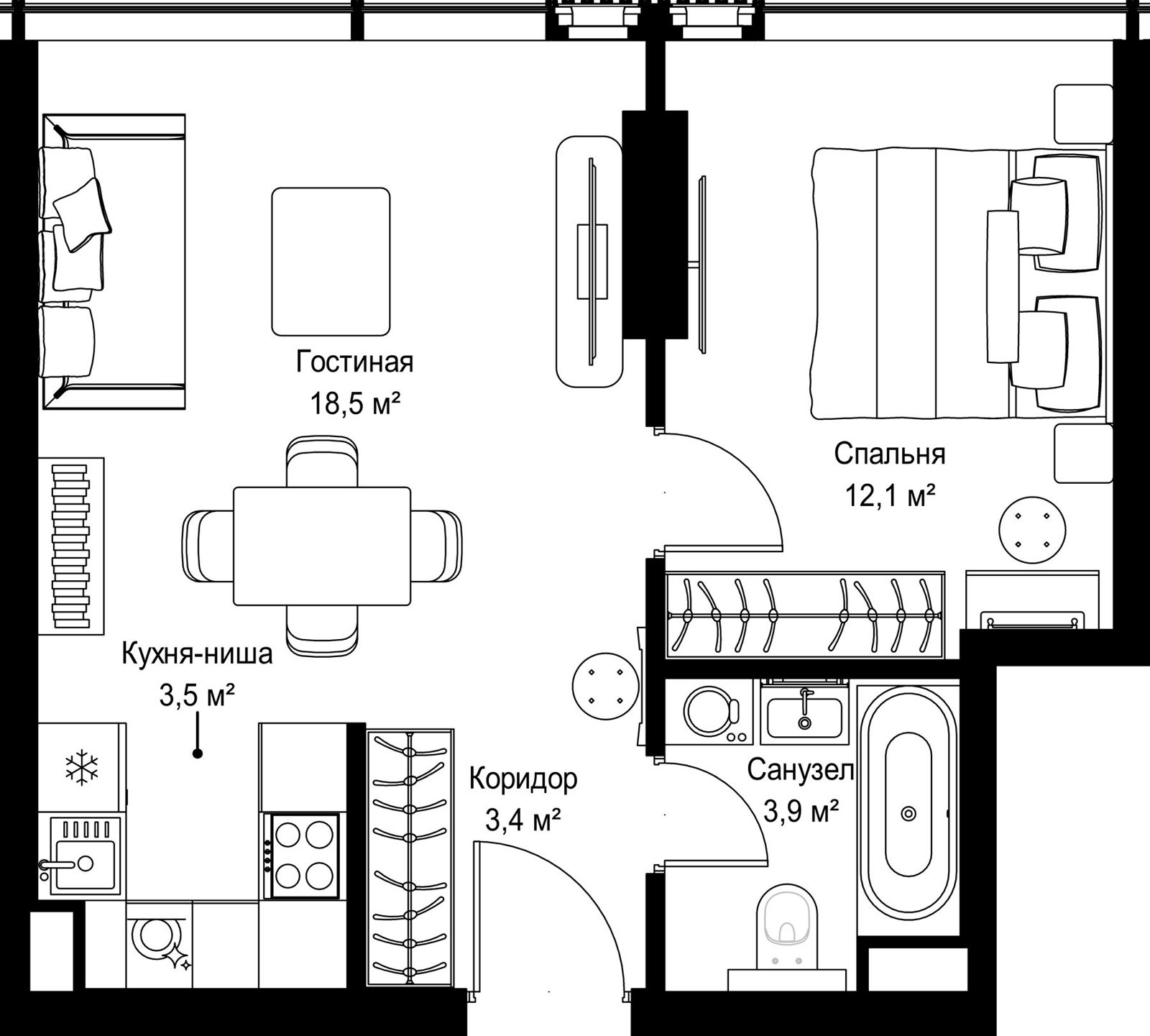1-комнатная квартира, 41,4 м²